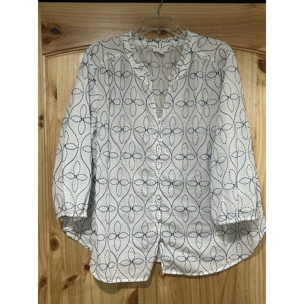 J Jill Button Up Blouse White W Blue Embroidered Floral Pattern 3/4 Sleeves 2XL